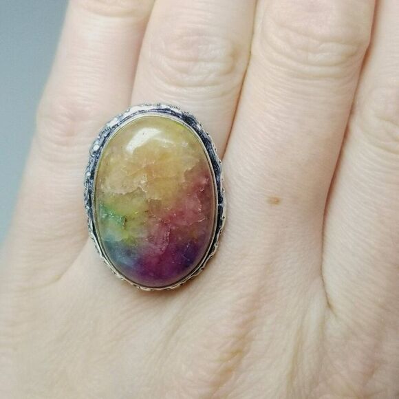 Vintage Rainbow Color Oval Cabochon Ring, Silver Tone Bezel Set Size 5.5 Band - Picture 2 of 8